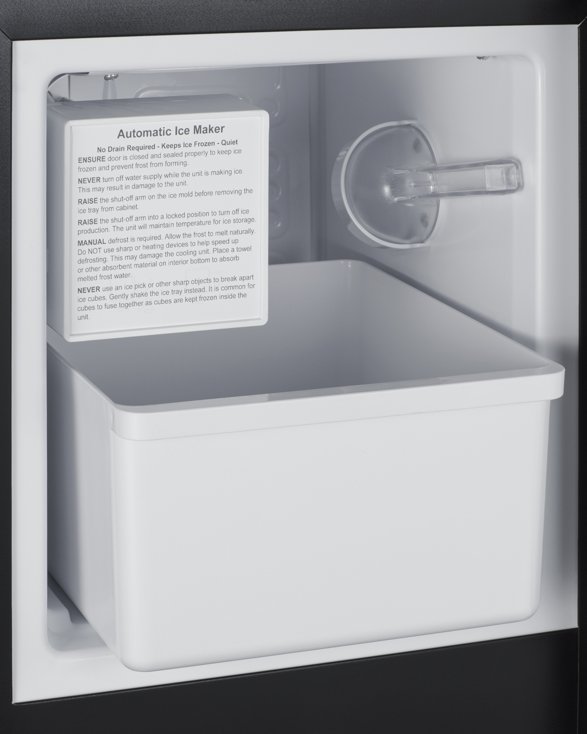 Built-in undercounter manual defrost icemaker with panel-ready door; no drain required
